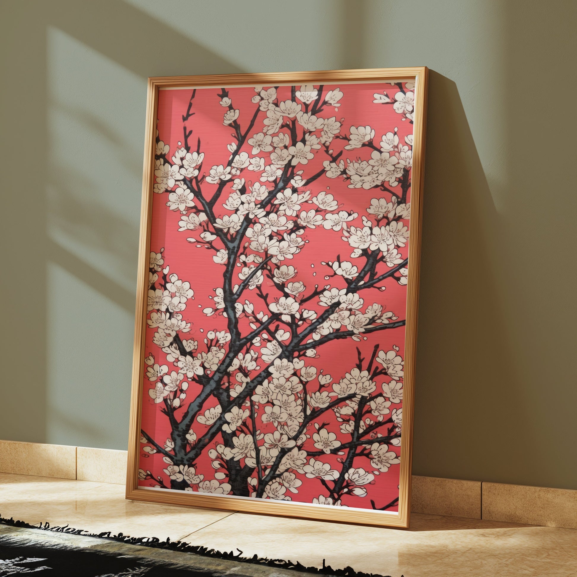 Premium Poster of Cherry Blossoms Abstract Art on Red Background Posters