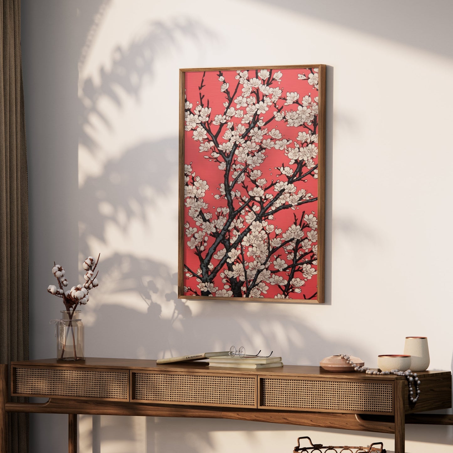 Premium Poster of Cherry Blossoms Abstract Art on Red Background Posters