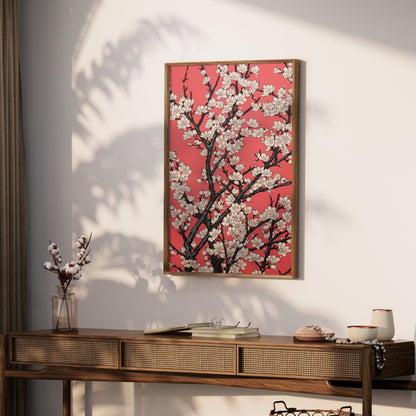 Premium Poster of Cherry Blossoms Abstract Art on Red Background Posters