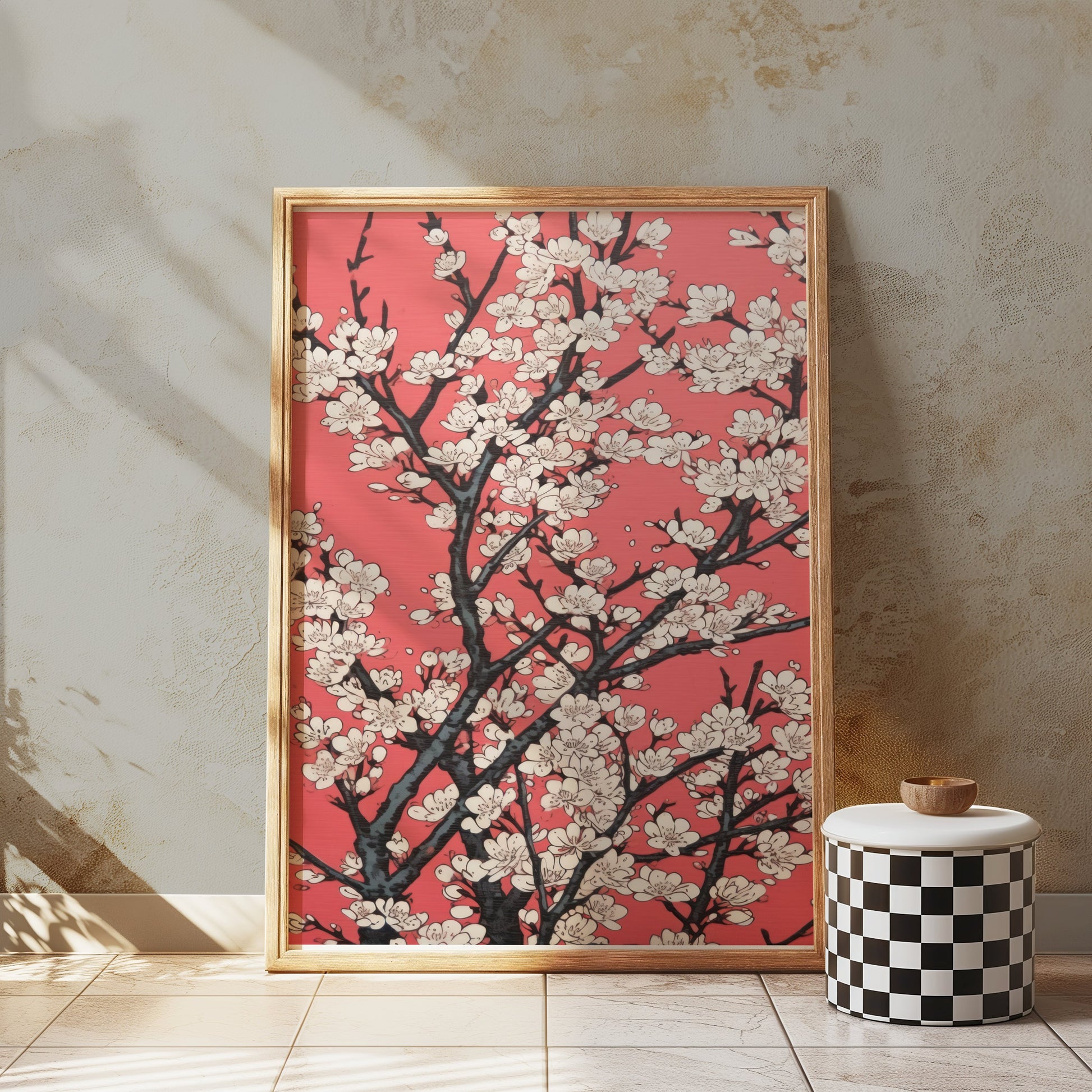 Premium Poster of Cherry Blossoms Abstract Art on Red Background Posters