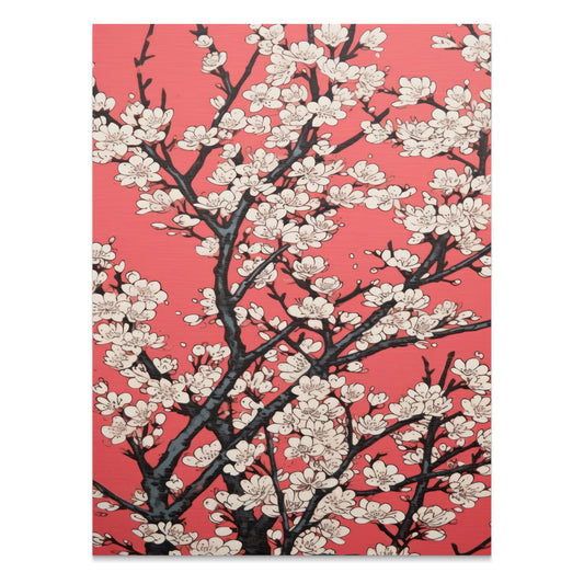 Premium Poster of Cherry Blossoms Abstract Art on Red Background Posters