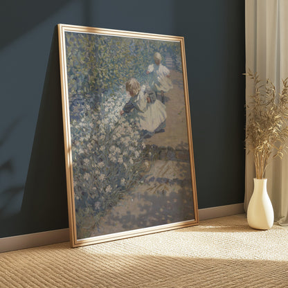 Premium Poster of Children Picking Flowers in a Garden Posters