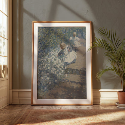 Premium Poster of Children Picking Flowers in a Garden Posters