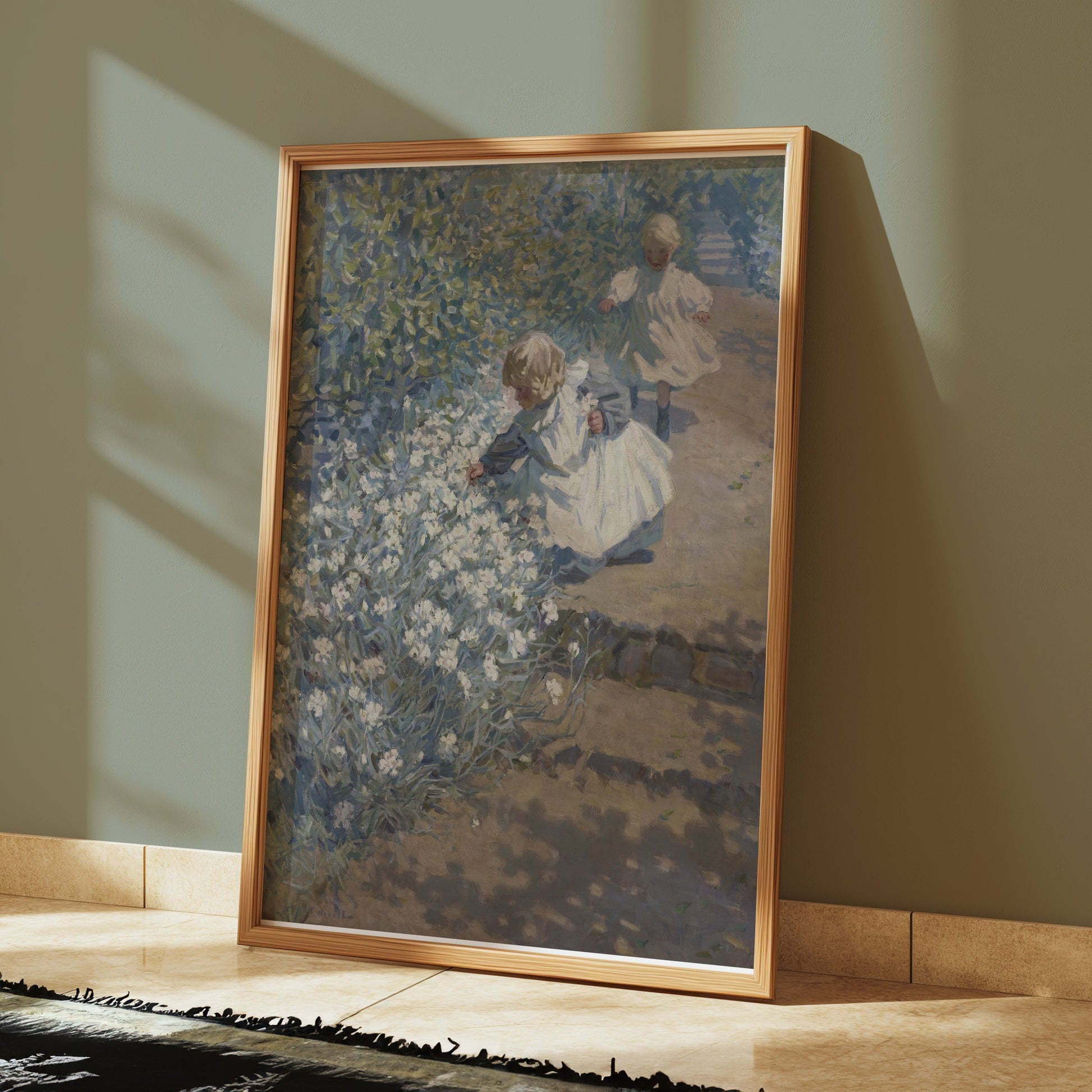 Premium Poster of Children Picking Flowers in a Garden Posters