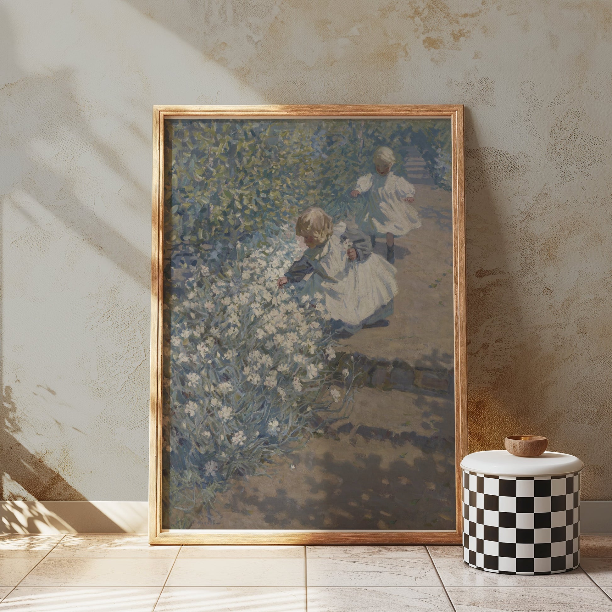 Premium Poster of Children Picking Flowers in a Garden Posters