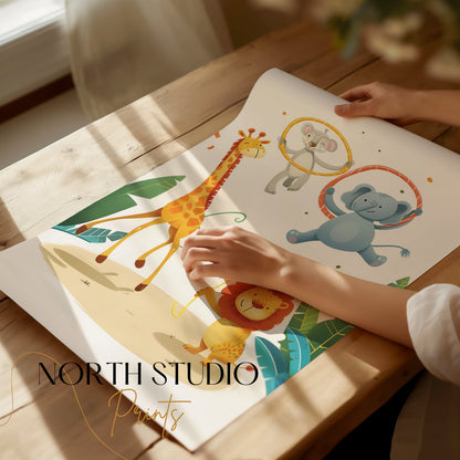 Premium Poster of Circus Animals Giraffe Elephant Lion Kids Room Posters