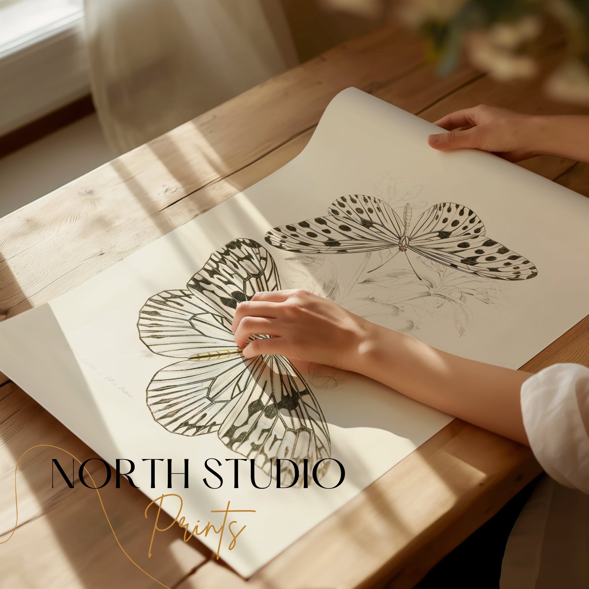 Premium Poster of Classic Botanical Drawing with Two Butterflies Posters