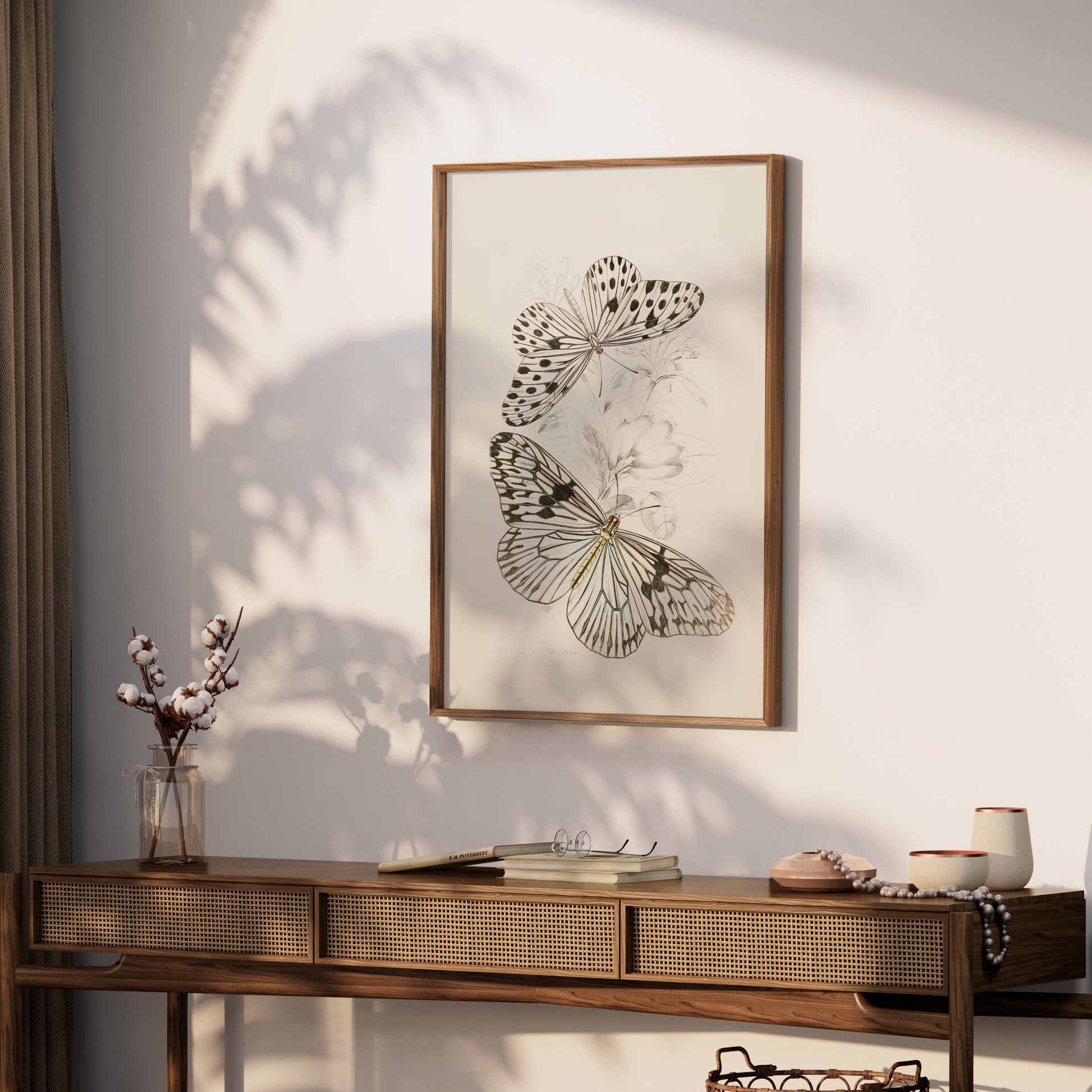 Premium Poster of Classic Botanical Drawing with Two Butterflies Posters