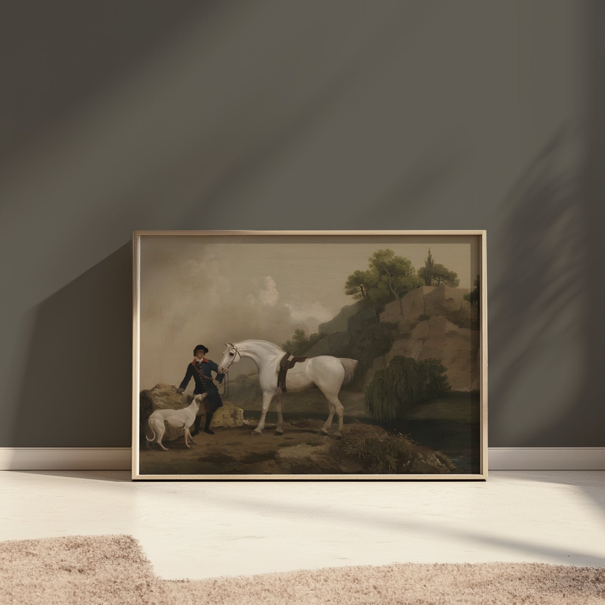 Premium Poster of Classic Equestrian Scene with White Horse and Dog Posters