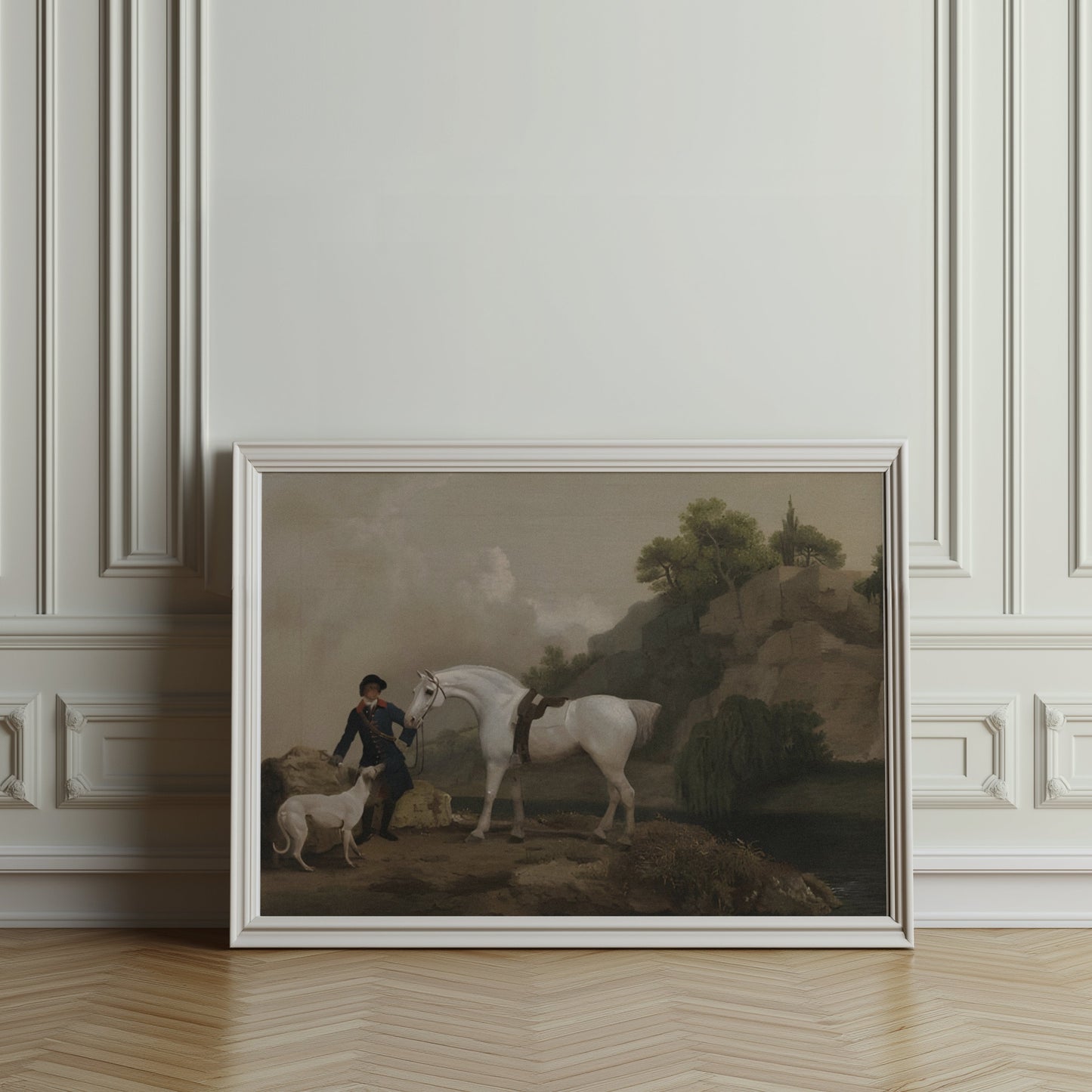 Premium Poster of Classic Equestrian Scene with White Horse and Dog Posters