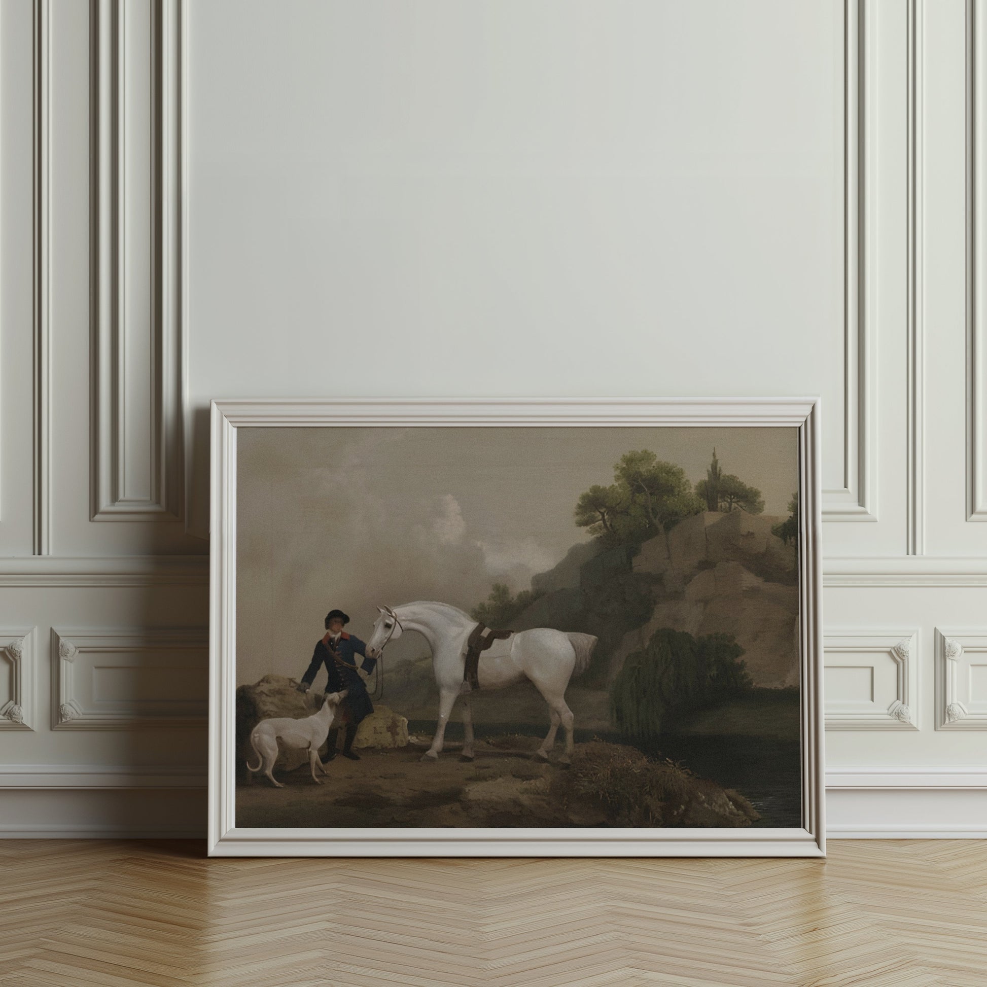 Premium Poster of Classic Equestrian Scene with White Horse and Dog Posters