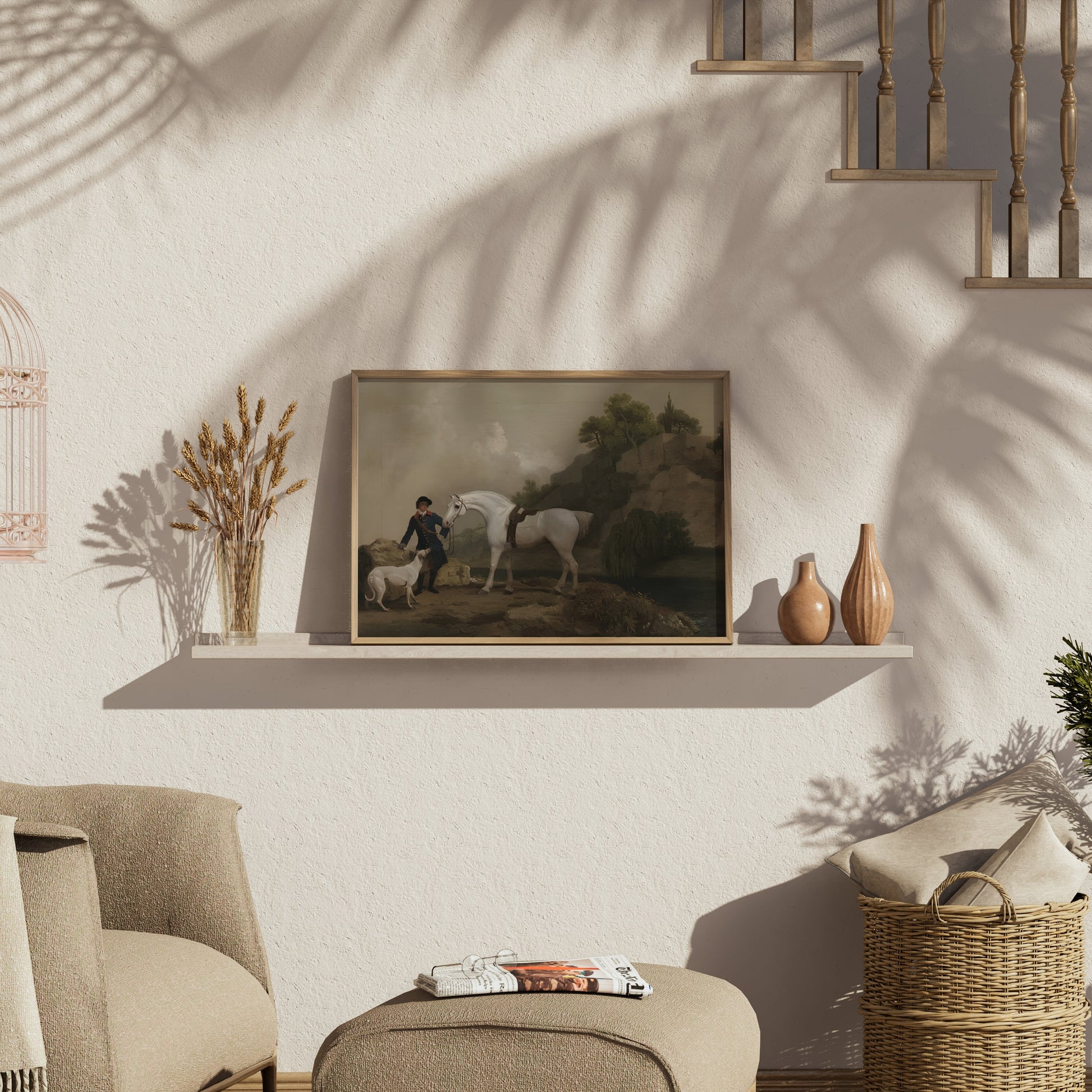 Premium Poster of Classic Equestrian Scene with White Horse and Dog Posters