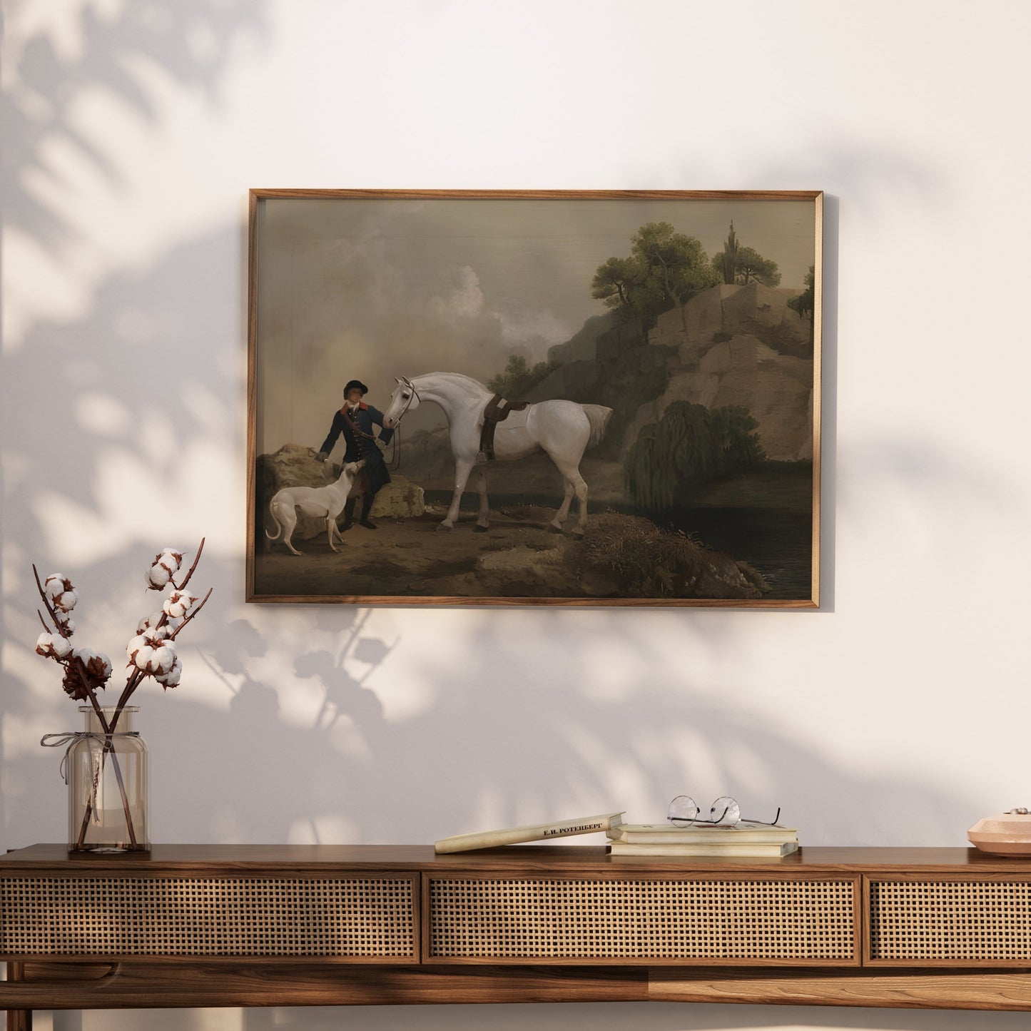 Premium Poster of Classic Equestrian Scene with White Horse and Dog Posters