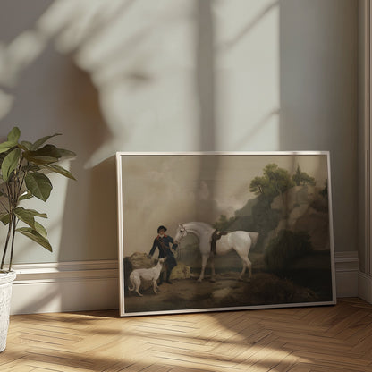 Premium Poster of Classic Equestrian Scene with White Horse and Dog Posters
