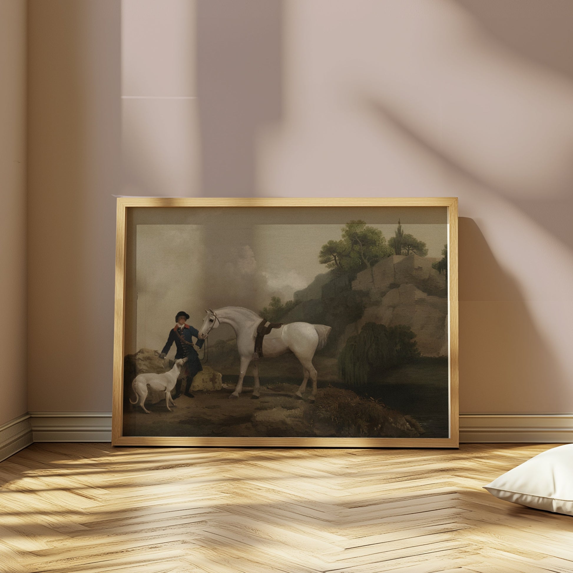Premium Poster of Classic Equestrian Scene with White Horse and Dog Posters