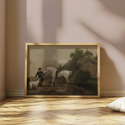 Premium Poster of Classic Equestrian Scene with White Horse and Dog Posters