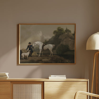 Premium Poster of Classic Equestrian Scene with White Horse and Dog Posters