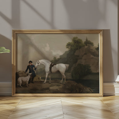 Premium Poster of Classic Equestrian Scene with White Horse and Dog Posters