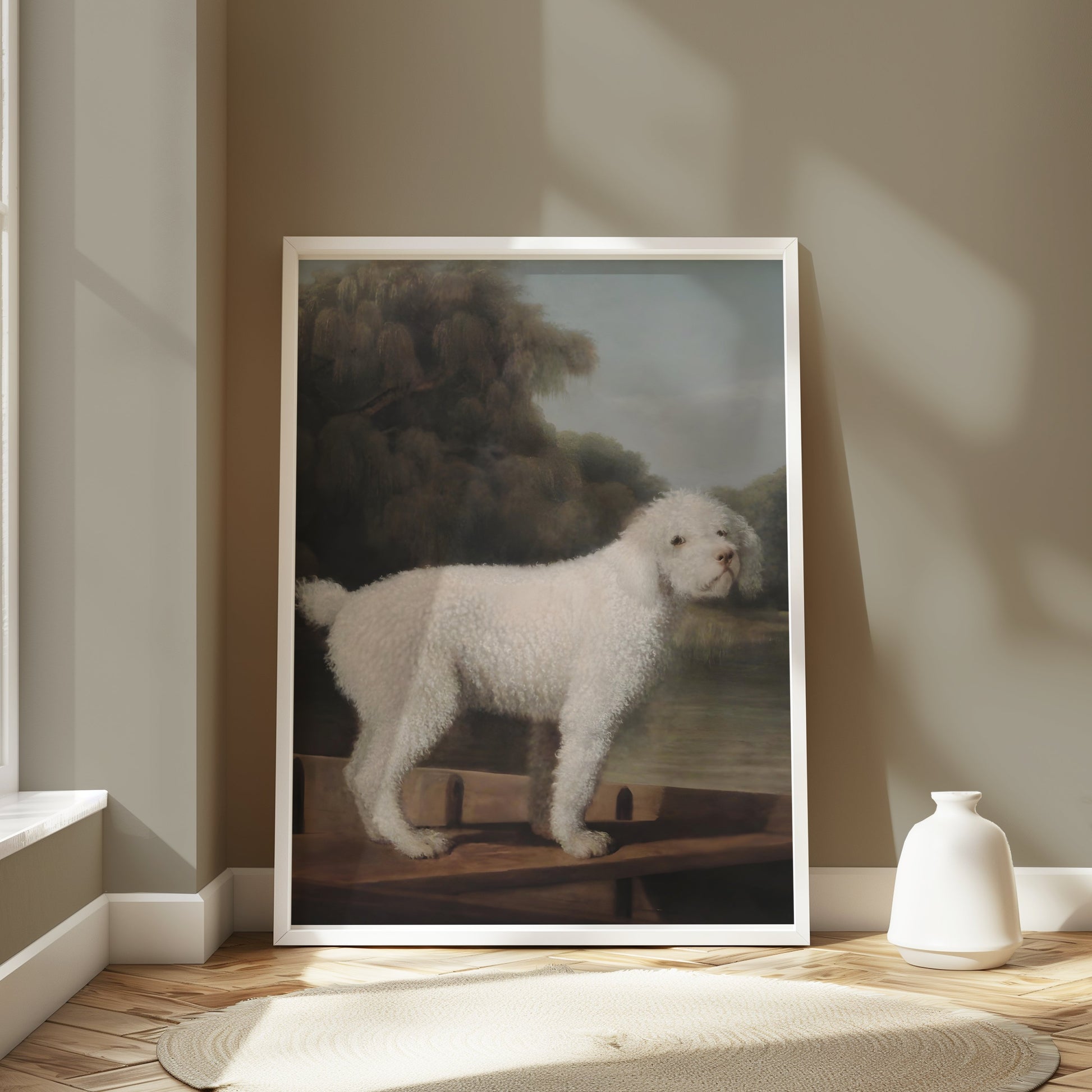 Premium Poster of Classical White Dog Art Scenic Background Posters