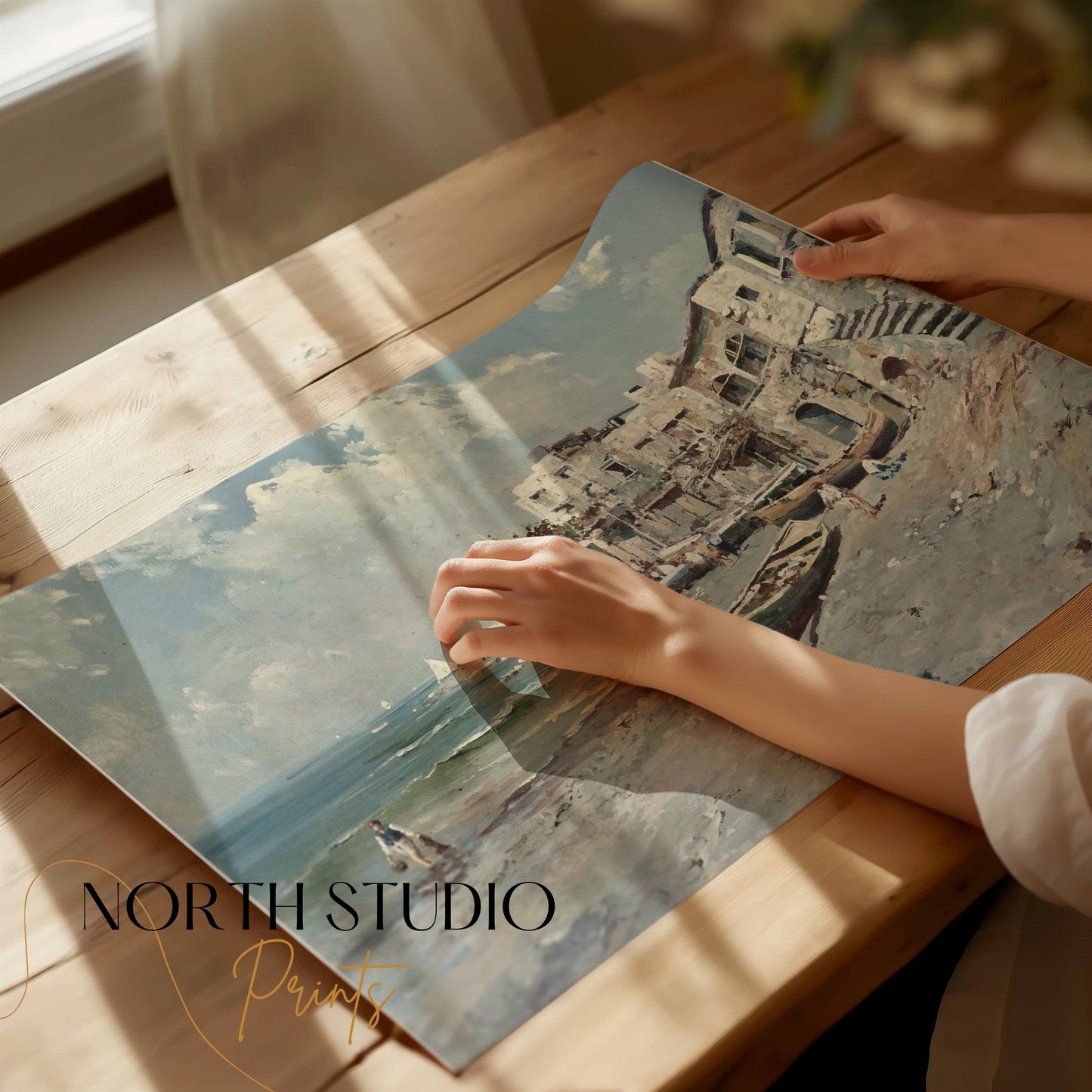 Premium Poster of Coastal Town with Boats and Buildings Art Posters