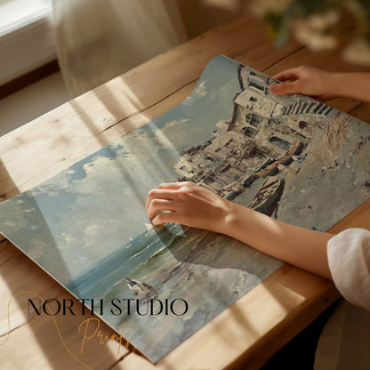 Premium Poster of Coastal Town with Boats and Buildings Art Posters