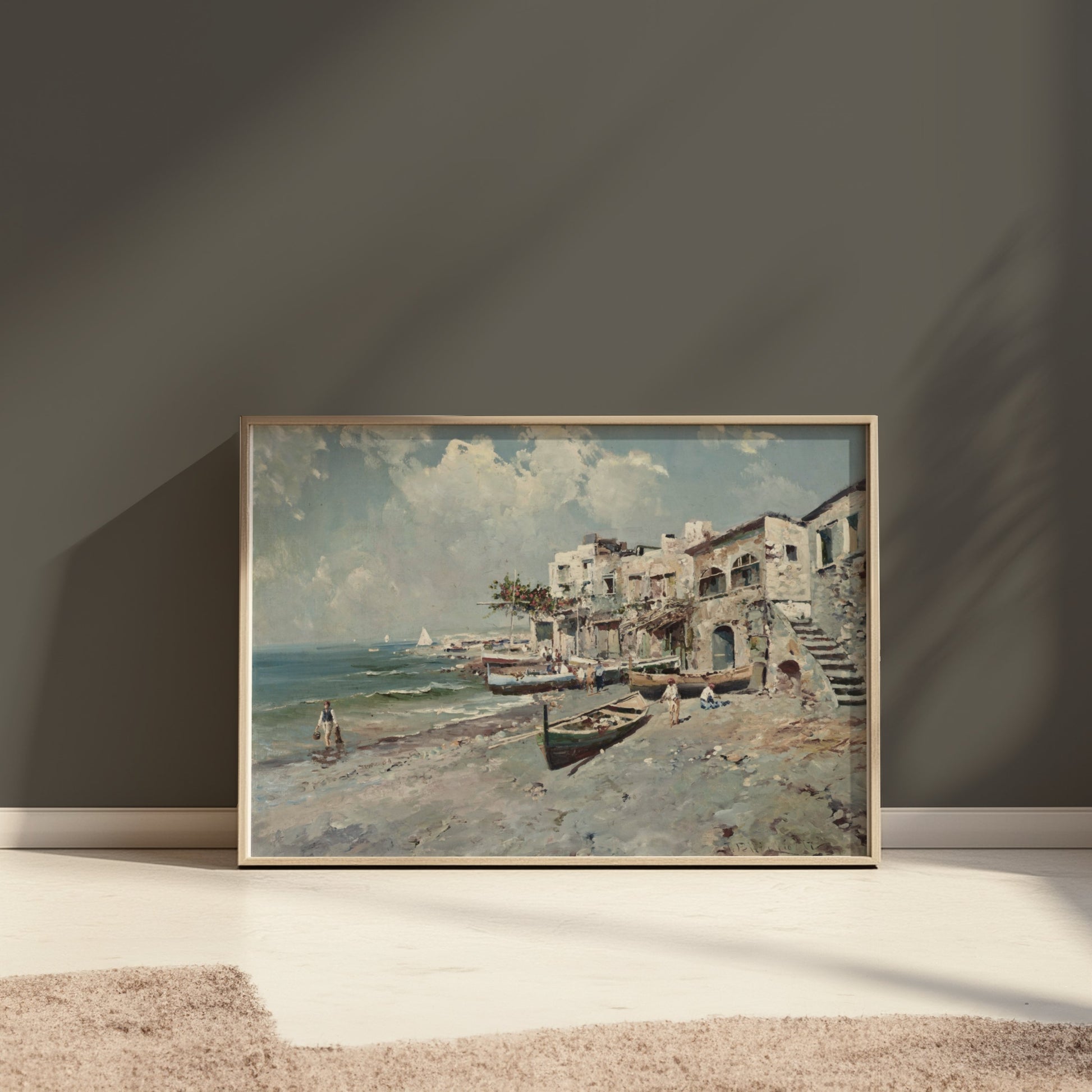 Premium Poster of Coastal Town with Boats and Buildings Art Posters