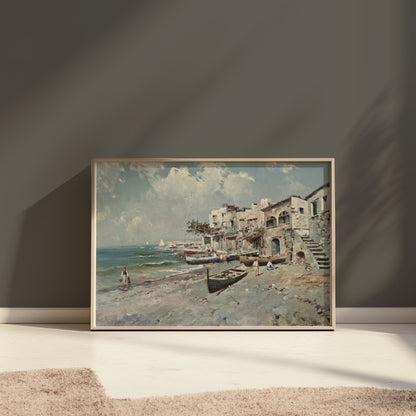 Premium Poster of Coastal Town with Boats and Buildings Art Posters