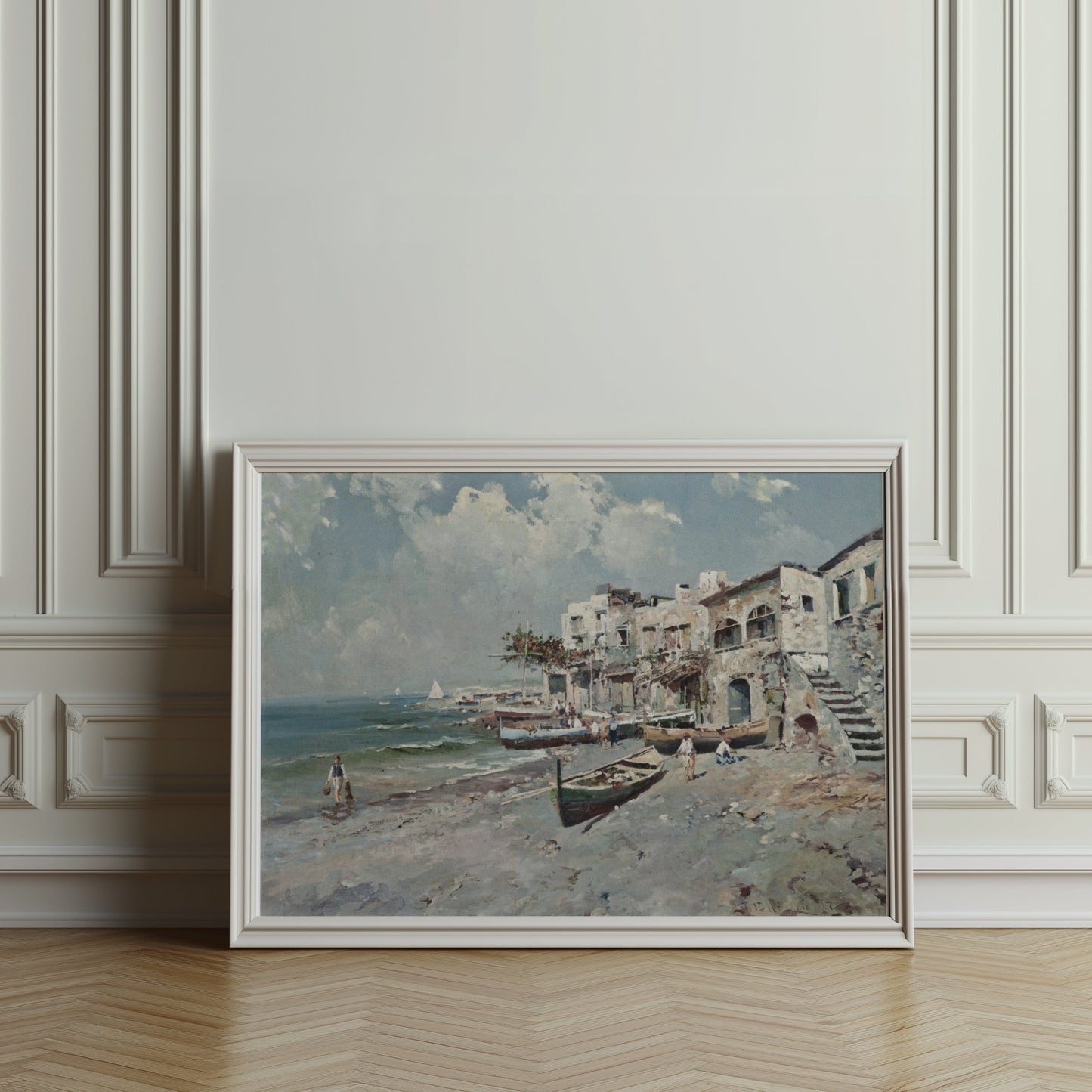 Premium Poster of Coastal Town with Boats and Buildings Art Posters