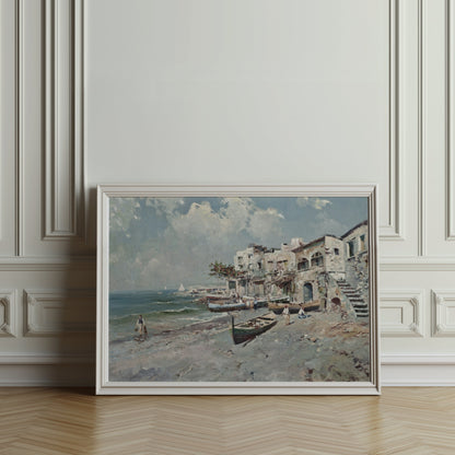 Premium Poster of Coastal Town with Boats and Buildings Art Posters