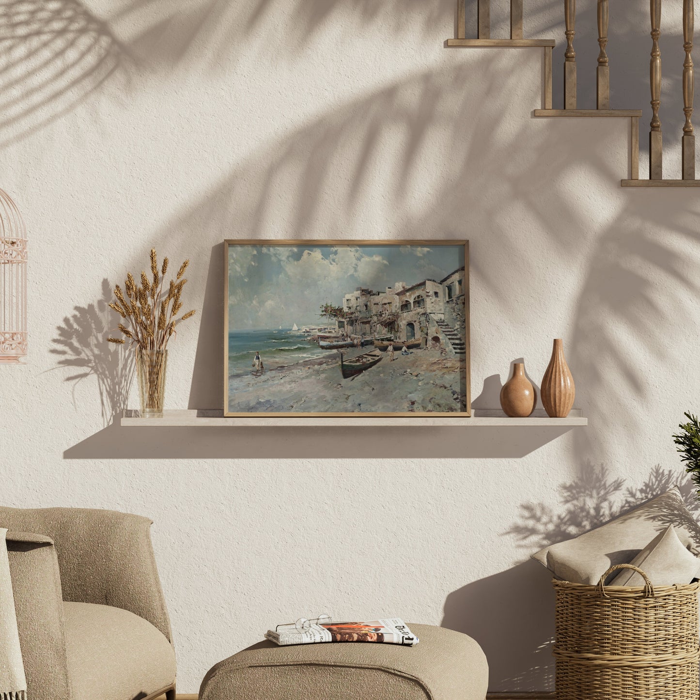 Premium Poster of Coastal Town with Boats and Buildings Art Posters