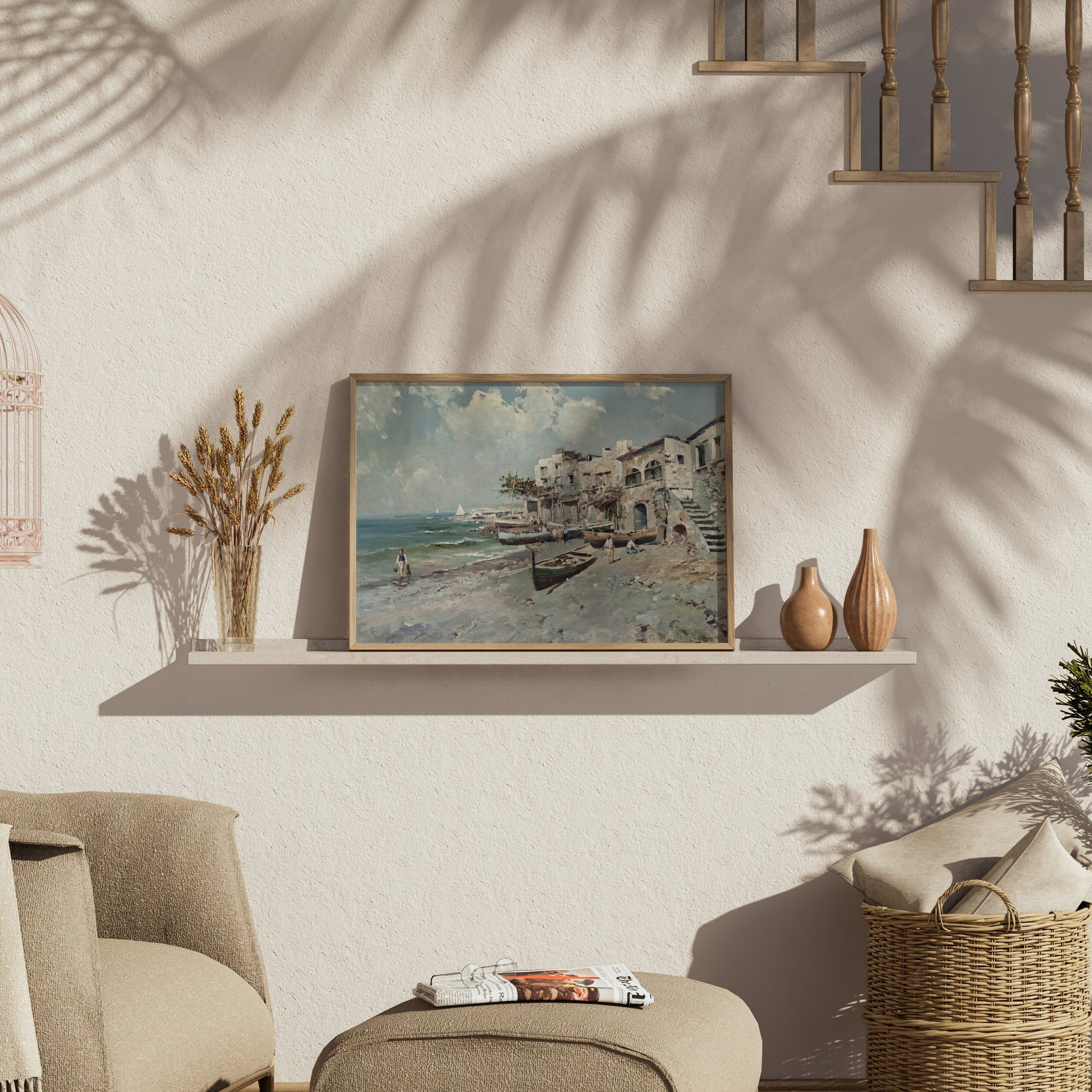 Premium Poster of Coastal Town with Boats and Buildings Art Posters