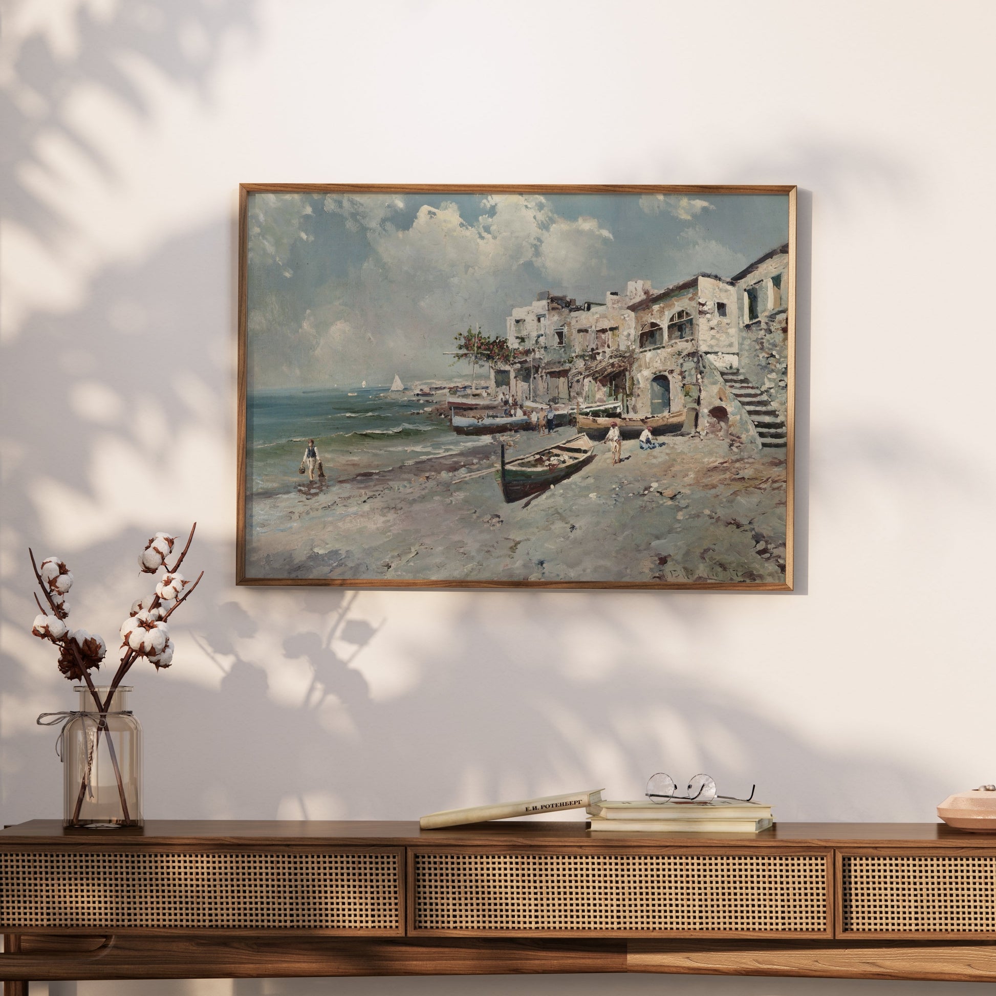 Premium Poster of Coastal Town with Boats and Buildings Art Posters