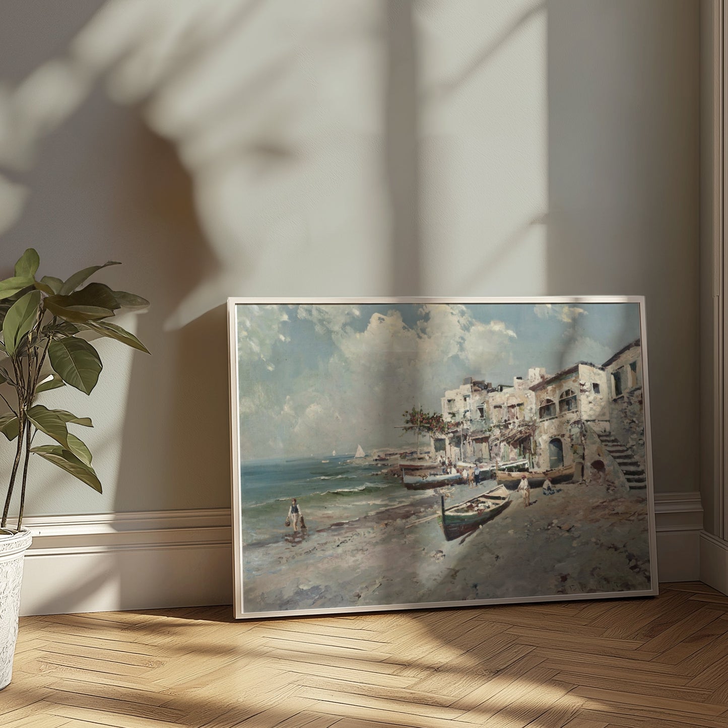 Premium Poster of Coastal Town with Boats and Buildings Art Posters