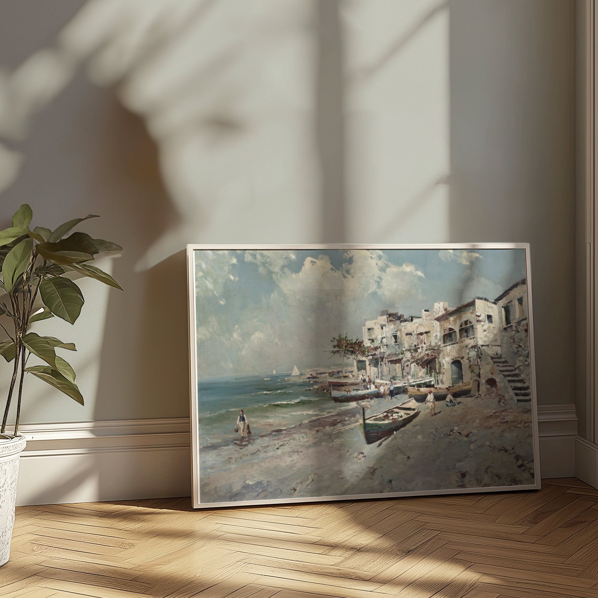 Premium Poster of Coastal Town with Boats and Buildings Art Posters