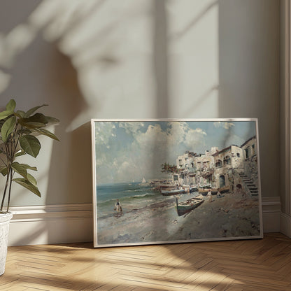 Premium Poster of Coastal Town with Boats and Buildings Art Posters