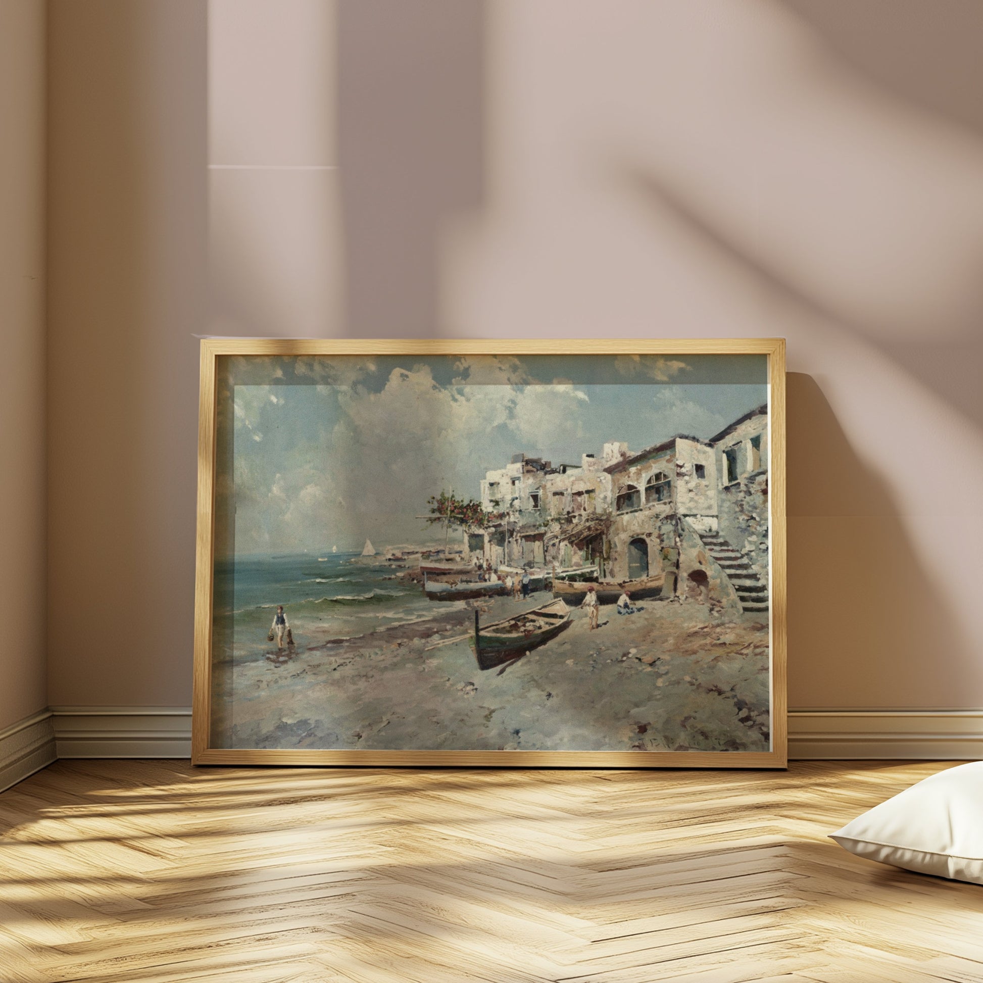 Premium Poster of Coastal Town with Boats and Buildings Art Posters
