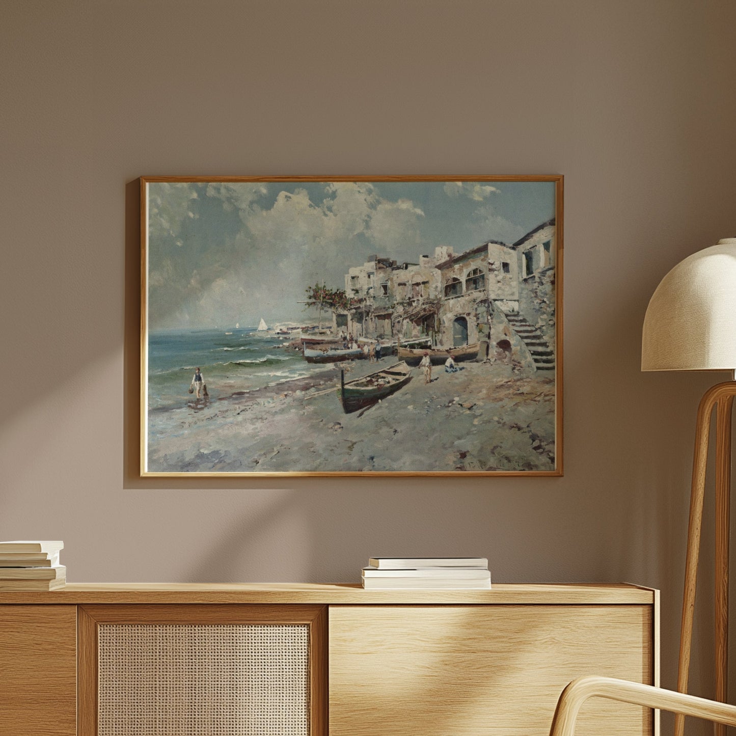 Premium Poster of Coastal Town with Boats and Buildings Art Posters