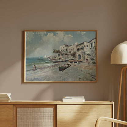 Premium Poster of Coastal Town with Boats and Buildings Art Posters