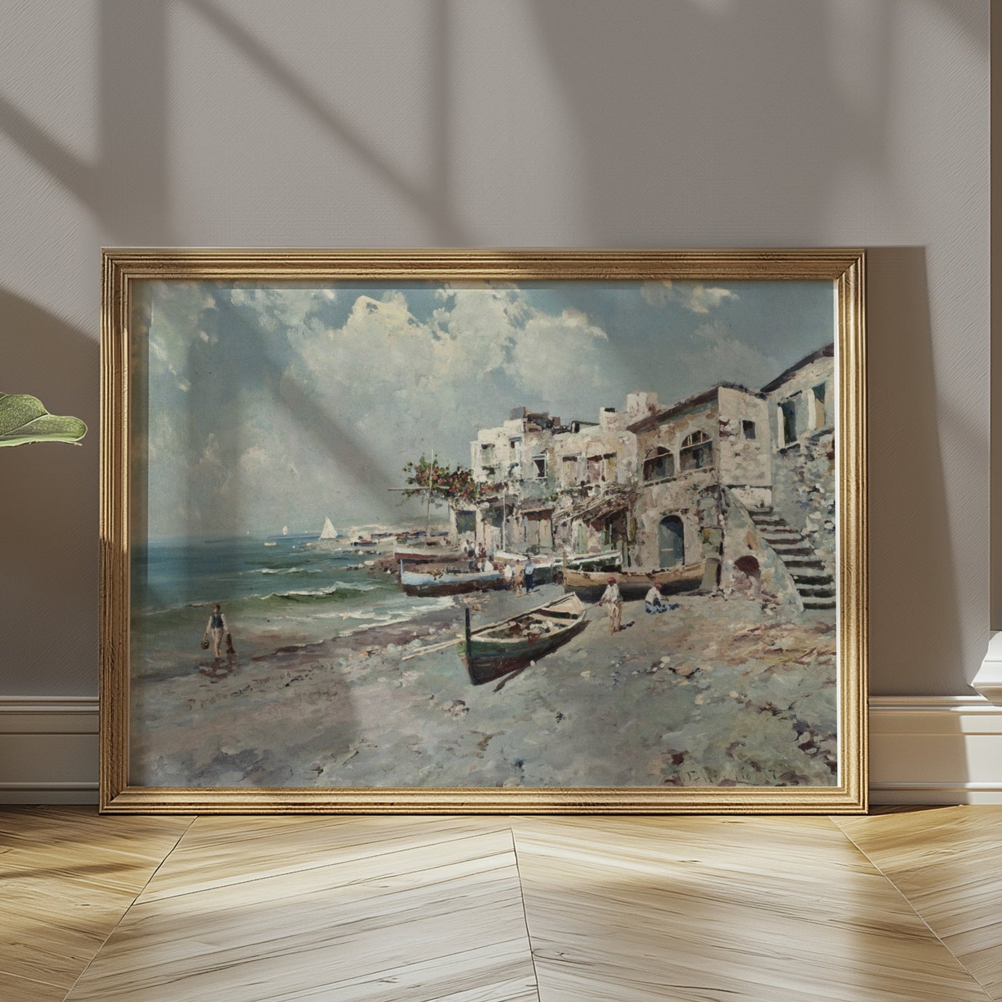 Premium Poster of Coastal Town with Boats and Buildings Art Posters