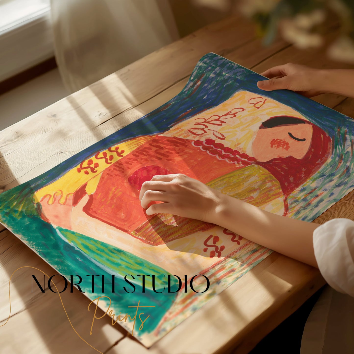Premium Poster of Colorful Abstract Woman with Geometric Embrace Posters