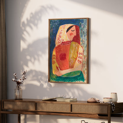 Premium Poster of Colorful Abstract Woman with Geometric Embrace Posters