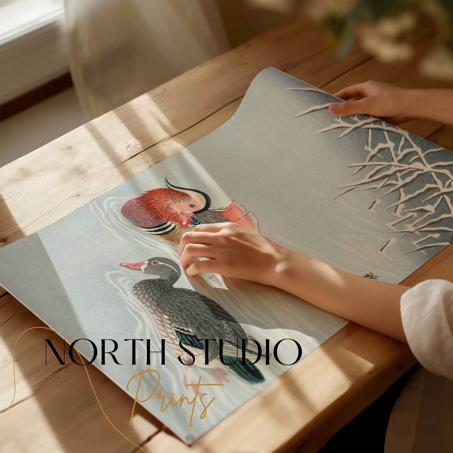 Premium Poster of Colorful Art of Two Ducks Among Snowy Branches Posters