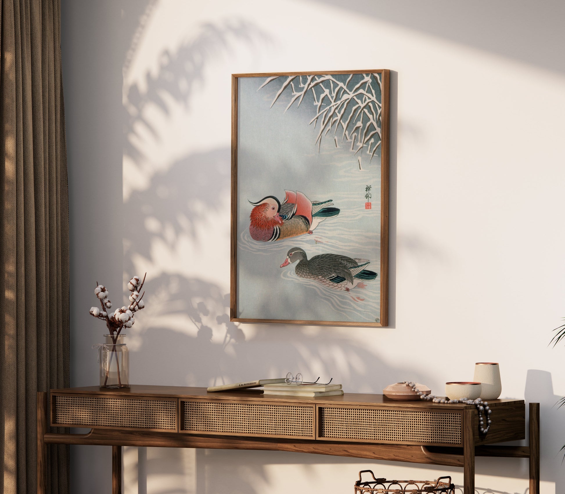 Premium Poster of Colorful Art of Two Ducks Among Snowy Branches Posters