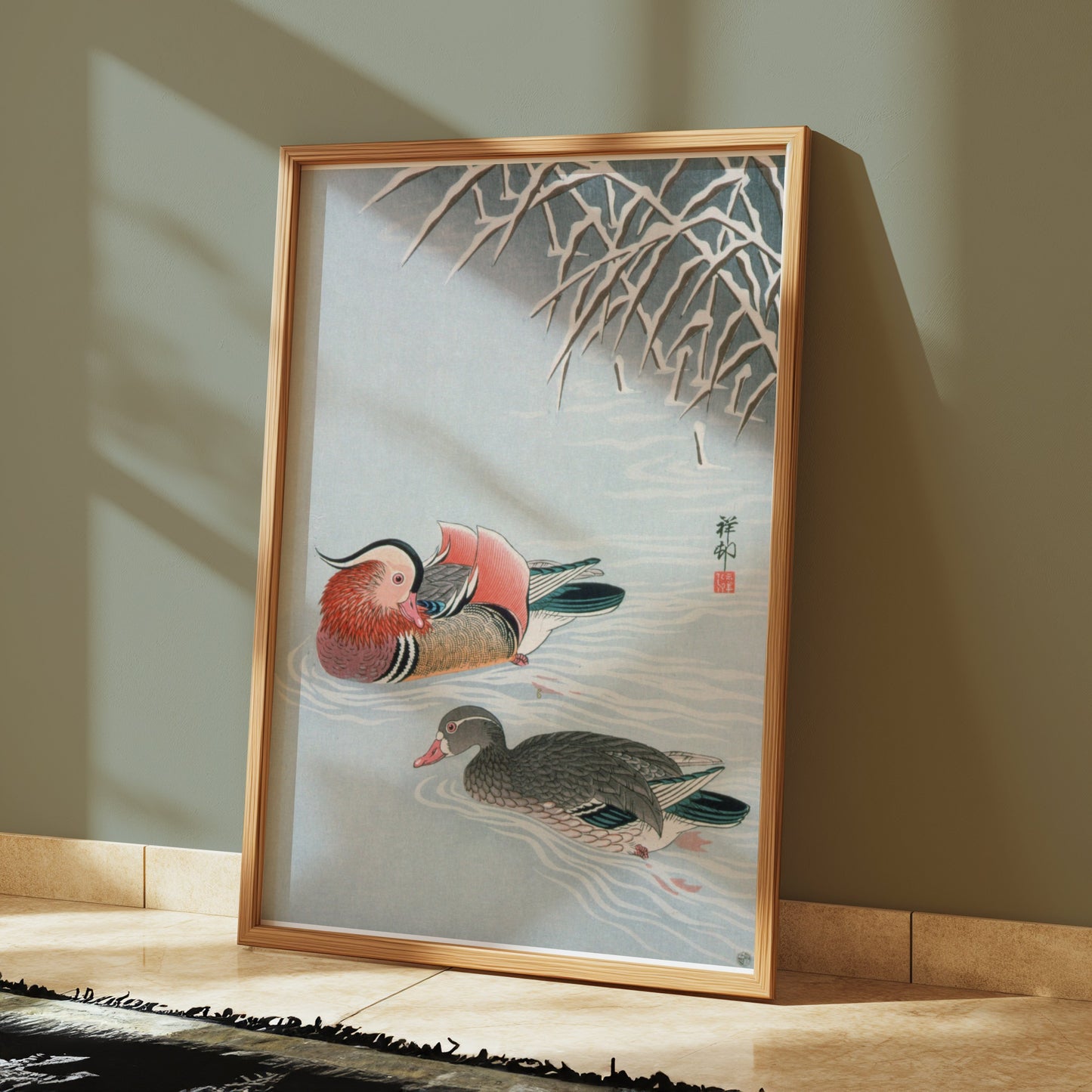 Premium Poster of Colorful Art of Two Ducks Among Snowy Branches Posters