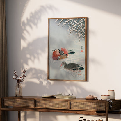 Premium Poster of Colorful Art of Two Ducks Among Snowy Branches Posters