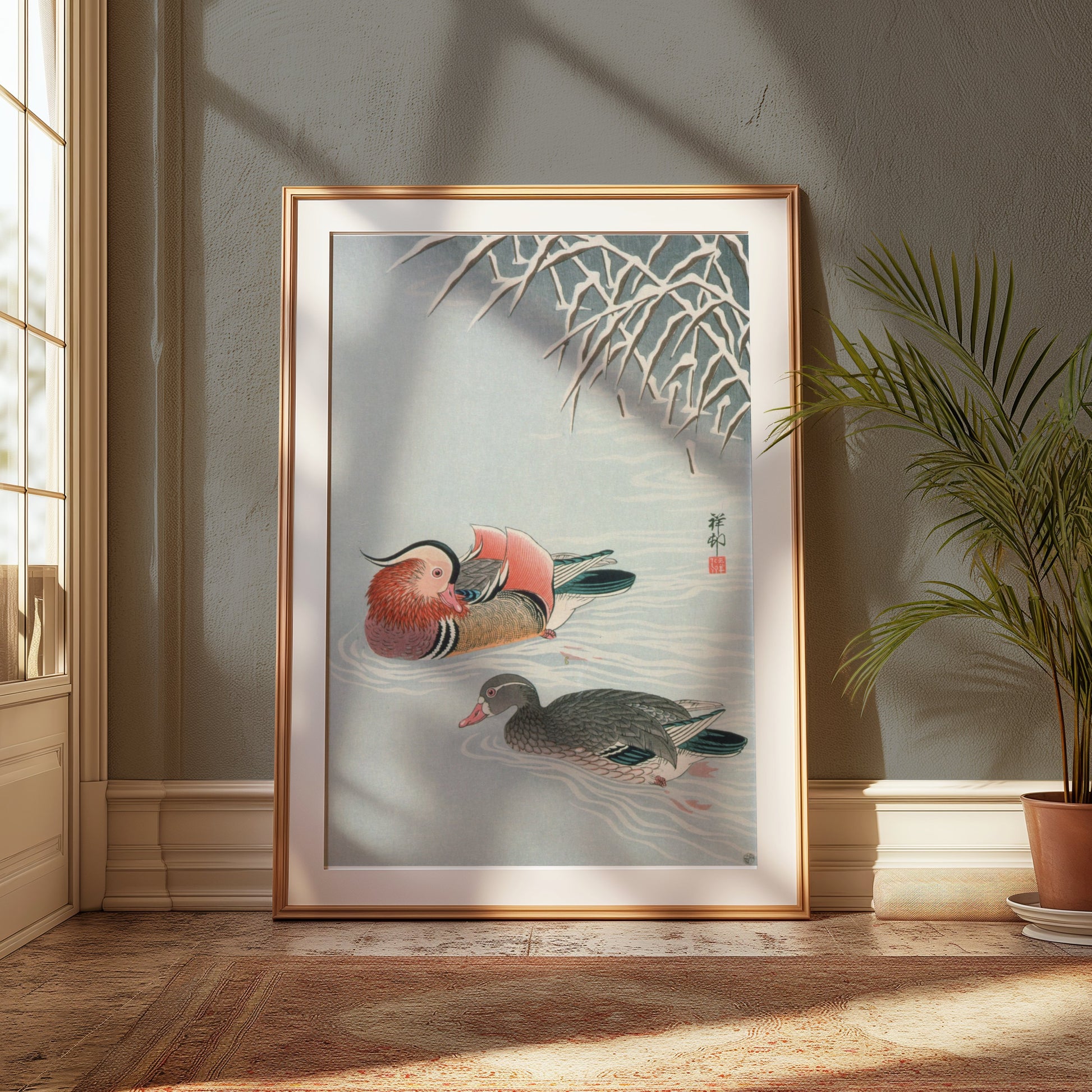 Premium Poster of Colorful Art of Two Ducks Among Snowy Branches Posters