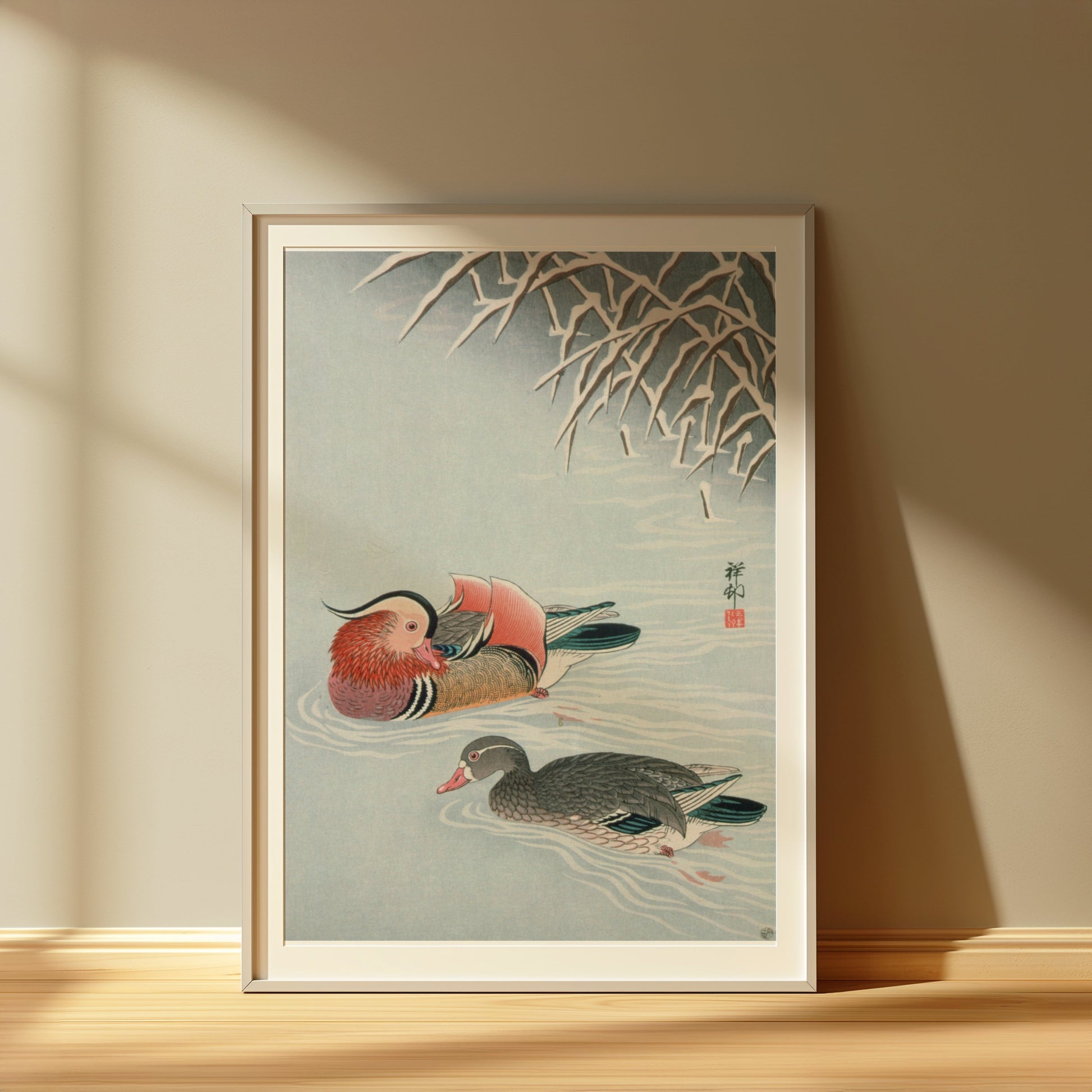 Premium Poster of Colorful Art of Two Ducks Among Snowy Branches Posters