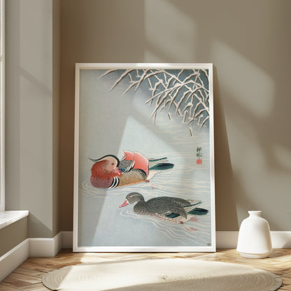 Premium Poster of Colorful Art of Two Ducks Among Snowy Branches Posters