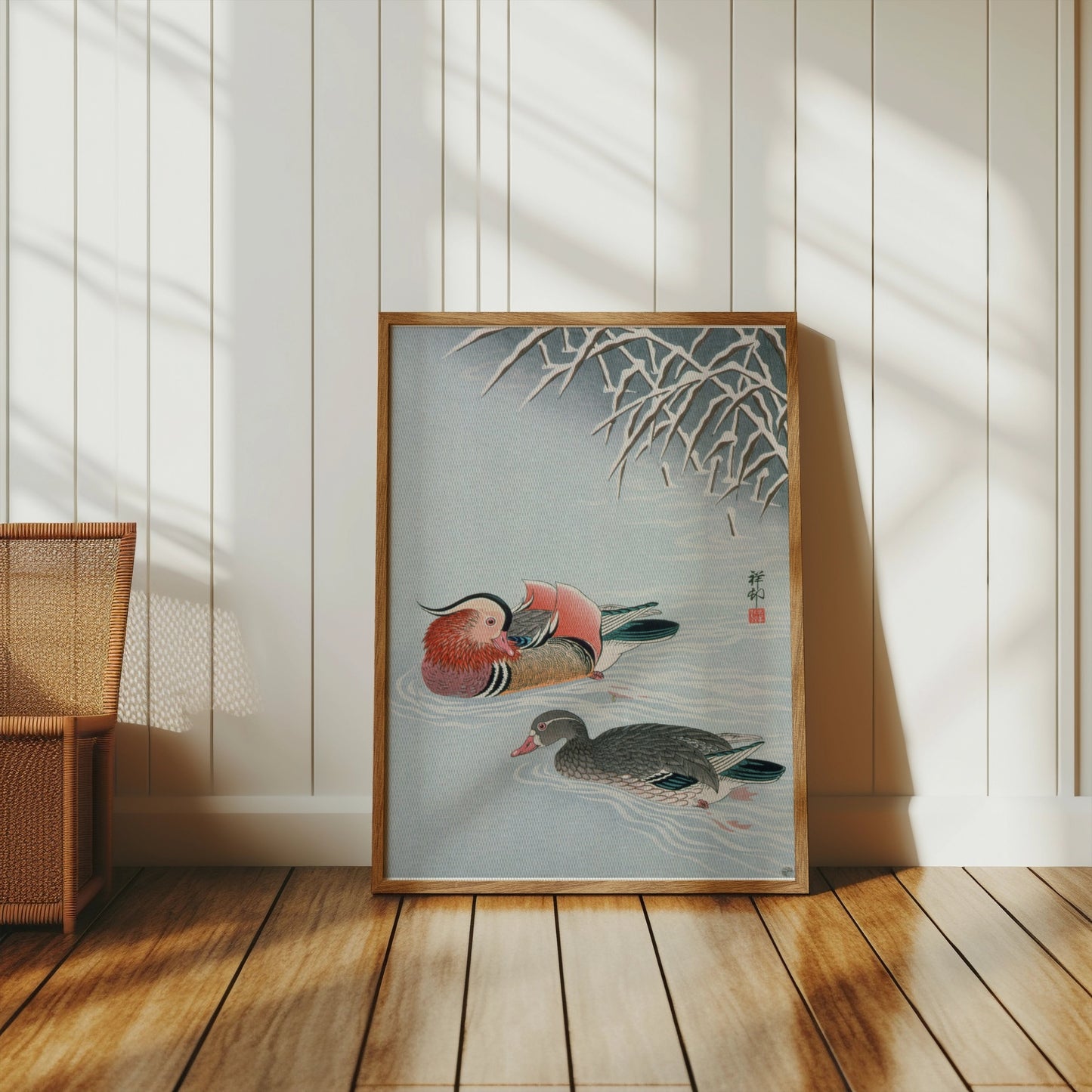 Premium Poster of Colorful Art of Two Ducks Among Snowy Branches Posters