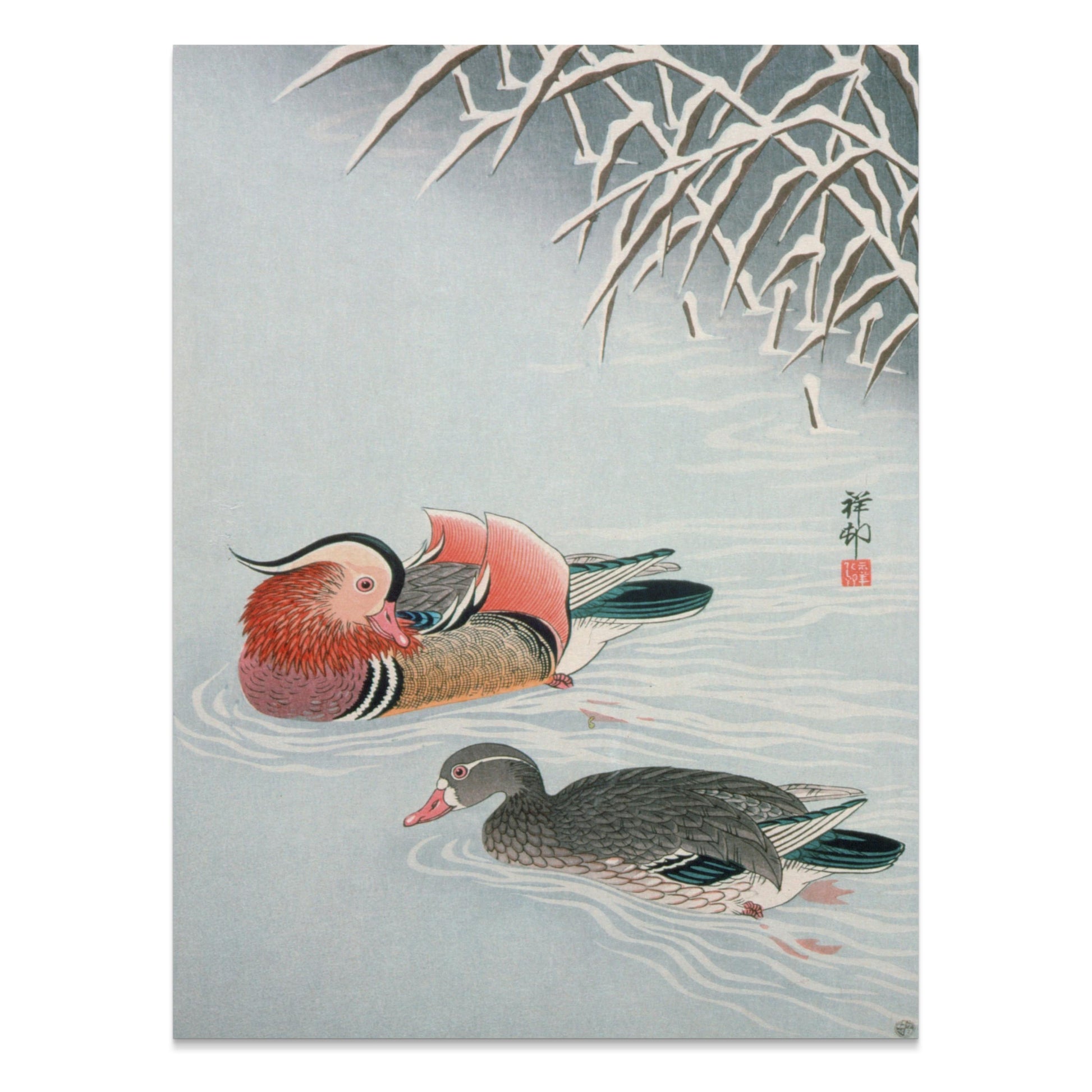 Premium Poster of Colorful Art of Two Ducks Among Snowy Branches Posters